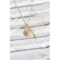 316L Çelik Zincir Gold Renk Kilit Anahtar Model Zirkon Taşlı Kadın Kolye