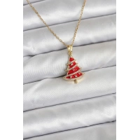 316L Çelik Zincir Gold Renk Kırmızı Çam Ağacı Model Yılbaşı Temalı Kadın Kolye