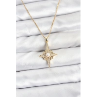 316L Çelik Zincir Gold Renk Kutup Yıldızı Model Zirkon Taşlı Kadın Kolye