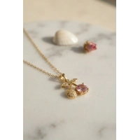 316L Çelik Zincir Gold Renk Pembe Kiraz Model Kolye
