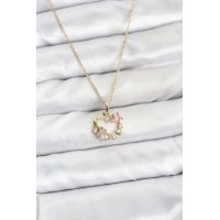 316L Çelik Zincir Gold Renk Pembe Taş Detaylı Çelenk Model Kadın Kolye
