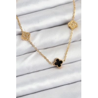 316L Çelik Zincir Gold Renk Siyah ve Zirkon Taşlı Baby Boy Yonca Kadın Kolye