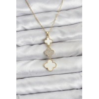 316L Çelik Zincir Gold Renk Yonca Detaylı Zirkon Taşlı Kadın Kolye