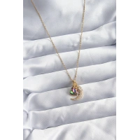 316L Çelik Zincir Gold Renk Zirkon Taşlı Hilal Kristal Kalp Model Kadın Kolye