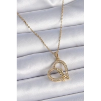 316L Çelik Zincir Gold Renk Zirkon Taşlı Kalp Model Melek Detay Kadın Kolye