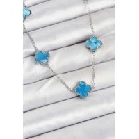 316L Çelik Zincir Gümüş Buz Mavisi Renk Yonca Kadın Kolye