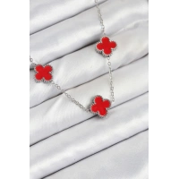 316L Çelik Zincir Gümüş Kırmızı Renk Yonca Kadın Kolye
