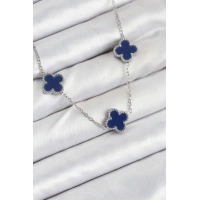 316L Çelik Zincir Gümüş Lacivert Renk Yonca Kadın Kolye