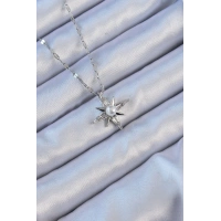 316L Çelik Zincir Gümüş Renk Baget Taşlı İnci Detay Kutup Yıldızı Kolye