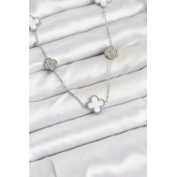 316L Çelik Zincir Gümüş Renk Beyaz ve Zirkon Taşlı Yonca Kadın Kolye