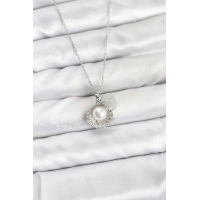 316L Çelik Zincir Gümüş Renk İncili Deniz Kabuğu Model Zirkon Taşlı Kadın Kolye