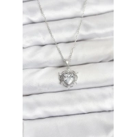 316L Çelik Zincir Gümüş Renk Kalp Model Zirkon Taşlı Kadın Kolye