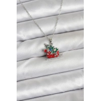 316L Çelik Zincir Gümüş Renk Kızak ve Çam Ağacı Figürlü Yılbaşı Temalı Kadın Kolye