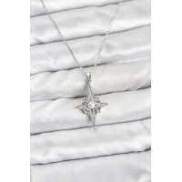 316L Çelik Zincir Gümüş Renk Kutup Yıldızı Model Zirkon Taşlı Kadın Kolye