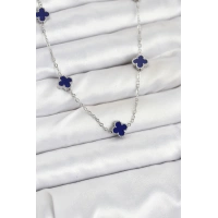 316L Çelik Zincir Gümüş Renk Lacivert Baby Boy Yonca Kadın Kolye