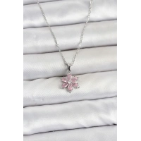 316L Çelik Zincir Gümüş Renk Pembe Zirkon Taşlı Lotus Model Kadın Kolye