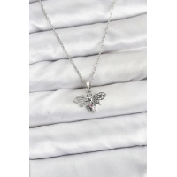 316L Çelik Zincir Gümüş Renk Sinek Model Zirkon Taşlı Kadın Kolye