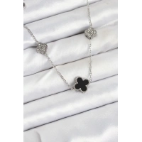 316L Çelik Zincir Gümüş Renk Siyah ve Zirkon Taşlı Yonca Kadın Kolye
