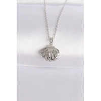 316L Çelik Zincir Gümüş Renk Zirkon Taşlı İnci Detay İstiridye Kolye