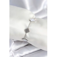 316L Çelik Zincir Gümüş Renk Zirkon Taşlı Yonca Beyaz Kadın Bileklik