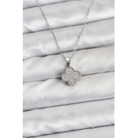 316L Çelik Zincir Gümüş Renk Zirkon Taşlı Yonca Model Kadın Kolye