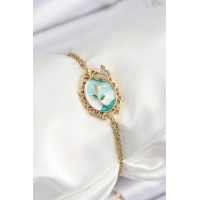 316L Çelik Zincir Mineli Sanatsal Portre Zirkon Taşlı Kelebek Detaylı Çiçek Model Gold Renk Kadın Bileklik