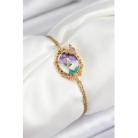 316L Çelik Zincir Mineli Sanatsal Portre Zirkon Taşlı Kelebek Detaylı Çiçek Model Gold Renk Kadın Bileklik