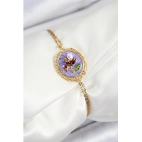 316L Çelik Zincir Mor Mineli Sanatsal Portre İnci Detaylı Lale Model Gold Renk Kadın Bileklik