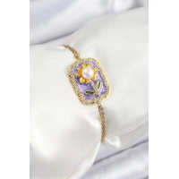 316L Çelik Zincir Mor Mineli Sanatsal Portre İnci Detaylı Papatya Model Gold Renk Kadın Bileklik