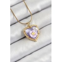 316L Çelik Zincir Mor Sanatsal Portre İnci Detaylı Papatya Figürlü Kalp Model Gold Renk Kadın Kolye