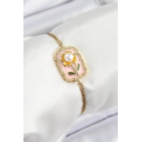 316L Çelik Zincir Pembe Mineli Sanatsal Portre İnci Detaylı Papatya Model Gold Renk Kadın Bileklik