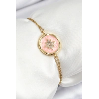 316L Çelik Zincir Pembe Mineli Sanatsal Portre Kuzey Yıldızı Model Gold Renk Kadın Bileklik
