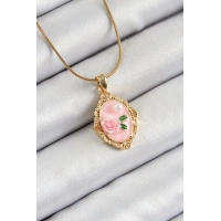 316L Çelik Zincir Pembe Sanatsal Portre İnci Detaylı Gül Figürlü Model Gold Renk Kadın Kolye