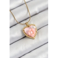 316L Çelik Zincir Pembe Sanatsal Portre İnci Detaylı Papatya Figürlü Kalp Model Gold Renk Kadın Kolye