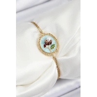 316L Çelik Zincir Turkuaz Mineli Sanatsal Portre İnci Detaylı Lale Model Gold Renk Kadın Bileklik
