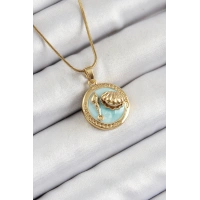 316L Çelik Zincir Turkuaz Mineli Sanatsal Portre İstiridye Model Gold Renk Kadın Kolye