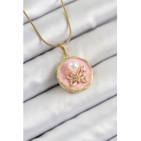 316L Çelik Zincir Zirkon Taşlı Pembe Sanatsal Portre İnci Detaylı Kelebek Model Gold Renk Kadın Kolye