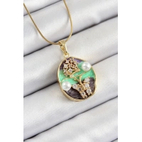 316L Çelik Zincir Zirkon Taşlı Yeşil Mor Sanatsal Portre İnci Detaylı Ağaç Ve Kelebek Figürlü Model Gold Renk Kadın Kolye