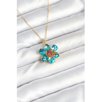 316L Çelik Zincirli Mavi Çiçek Model Kadın Kolye