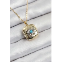 316L Çelik Zirkon Taşlı Açılabilr Kapaklı Göz Model Gold Renk Kadın Kolye