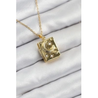 316L Çelik Zirkon Taşlı Açılabilr Kapaklı Kitap Model Gold Renk Kadın Kolye