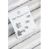 316L Çelik Zirkon Taşlı Deniz Yıldızı Model Gümüş Renk Kadın Set Küpe