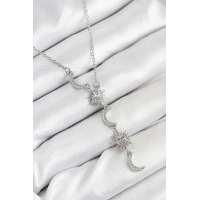 316L Çelik Zirkon Taşlı Güneş Ve Ay Model Gümüş Renk Kadın Kolye