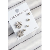 316L Çelik Zirkon Taşlı Kar Tanesi Model Gümüş Renk Kadın Set Küpe