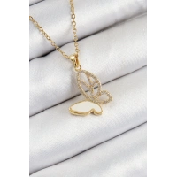 316L Çelik Zirkon Taşlı Kelebek Model Gold Renk Kadın Kolye