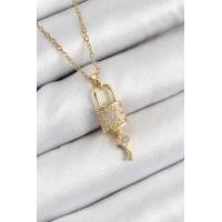 316L Çelik Zirkon Taşlı Kilit Ve Sallantılı Anahtar Model Gold Renk Kadın Kolye