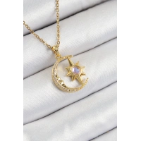 316L Çelik Zirkon Taşlı Kutup Yıldızlı Hilal Model Gold Renk Kadın Kolye