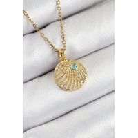 316L Çelik Zirkon Taşlı Madalyon Model Gold Renk Kadın Kolye