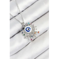 316L Çelik Zirkon Taşlı Nazar Model Gümüş Renk Kadın Kolye