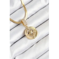 316L Çelik Zirkon Taşlı Pusula Model Gold Renk Kadın Kolye